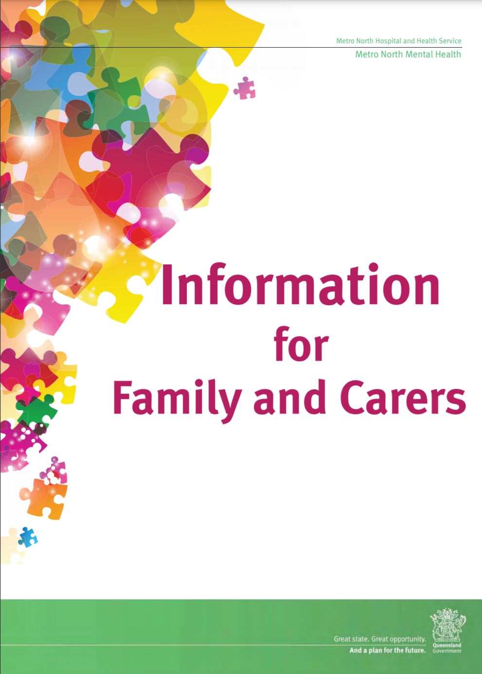 puzzle pieces and text reading "information for family and carers"